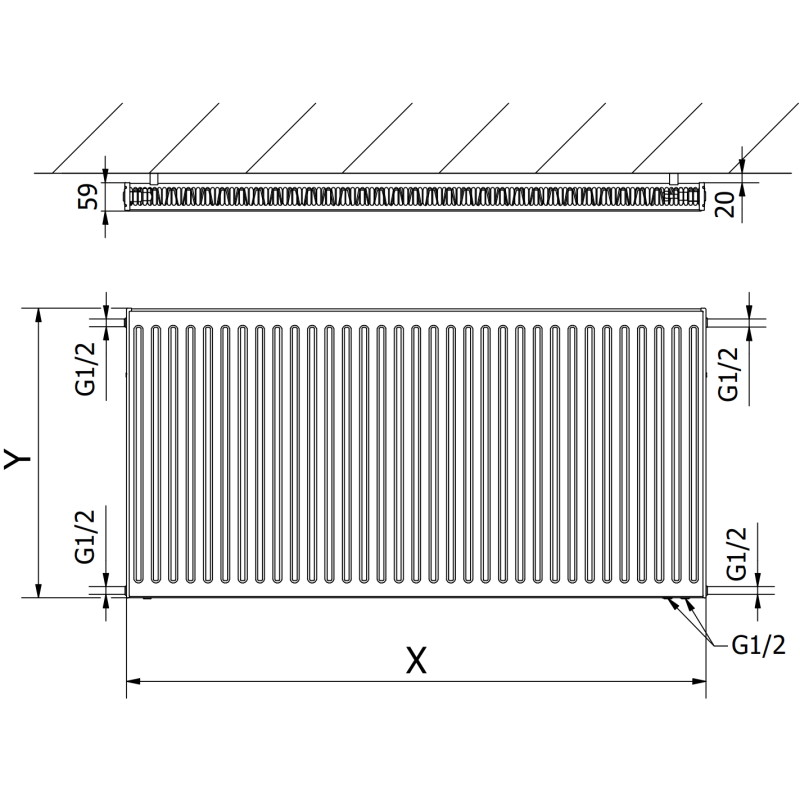 Mexen CV11 plaatradiator 400 x 1600 mm, onderste aansluiting, 1037 W, antraciet - W611-040-160-66