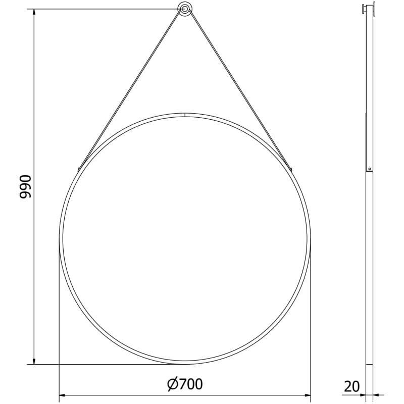 Mexen String ümmargune vannitoa peegel 70 cm, must raam - 9854-070-070-000-70