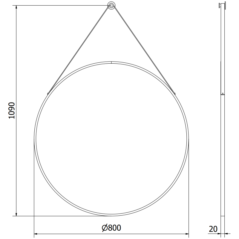 Mexen String rundes Badezimmerspiegel 80 cm, schwarzer Rahmen - 9854-080-080-000-70
