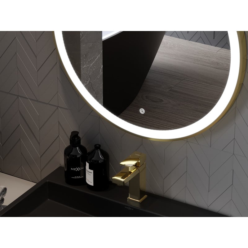 Mexen Esso specchio da bagno retroilluminato, rotondo 90 cm, LED 6000K, antiappannamento, cornice dorata - 9825-090-090-611-50