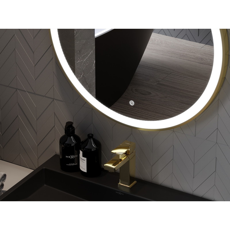 Mexen Esso espejo de baño iluminado, redondo 100 cm, LED 6000K, antivaho, marco dorado - 9825-100-100-611-50