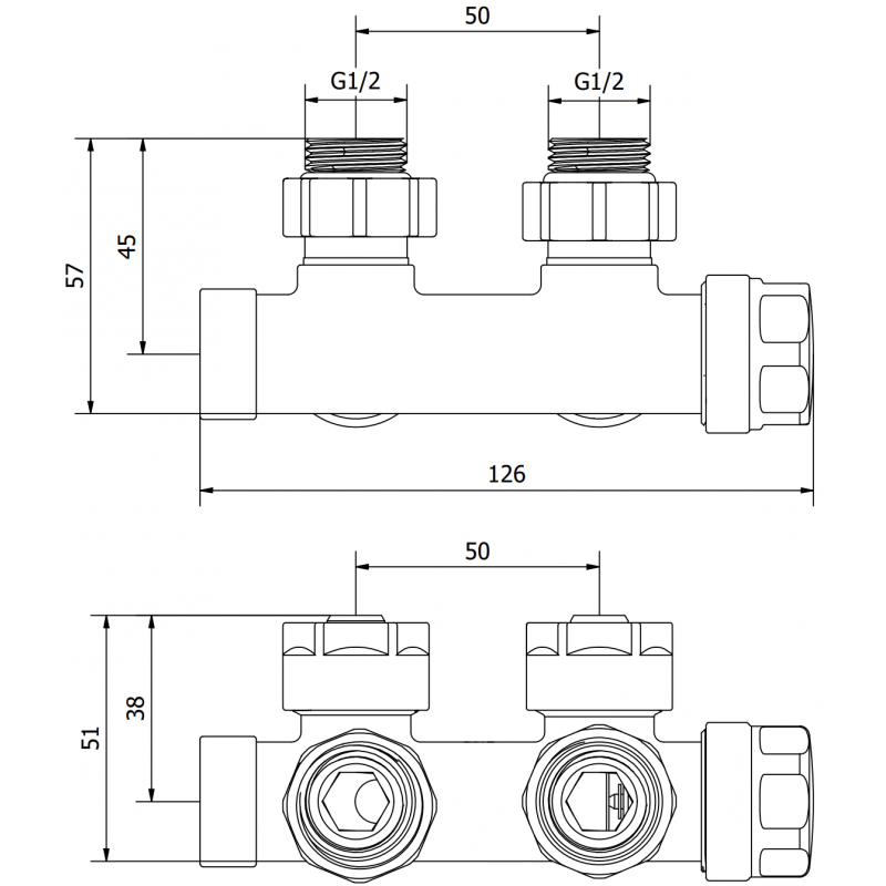 Mexen Uni-Term vinkelradiatorventil, Duplex, DN50, guld - W907-000-50