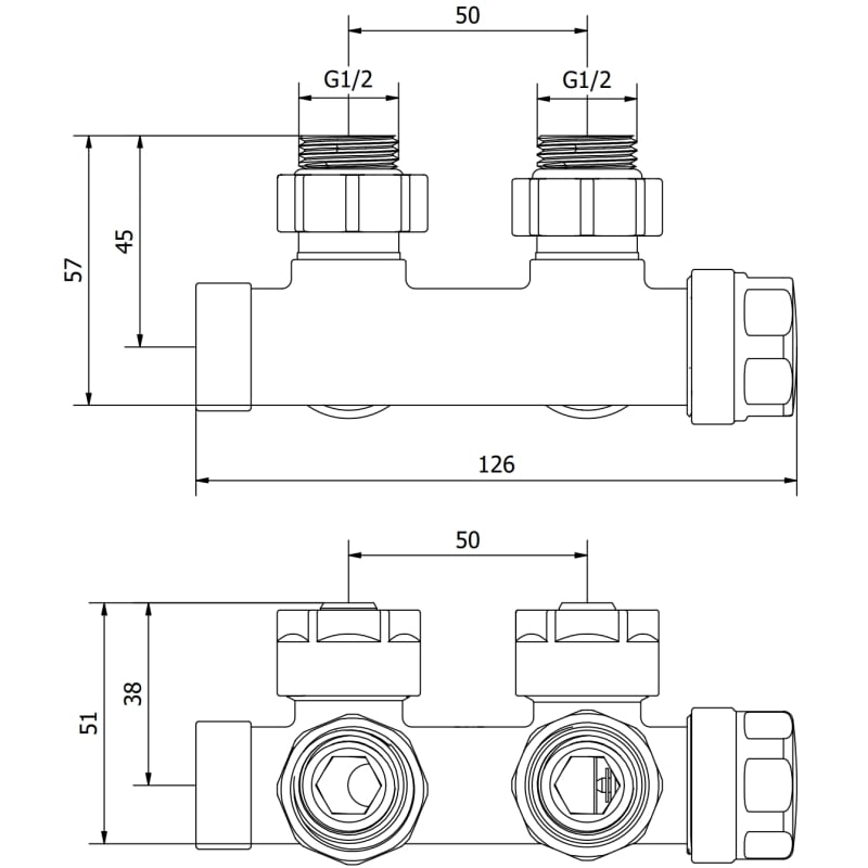Mexen Uni-Term radiaatori nurgakraan, Duplex, DN50, must - W907-000-70