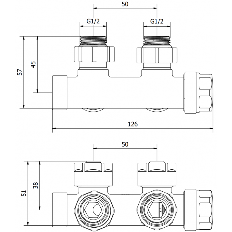 Mexen Uni-Term válvula de radiador angular, Duplex, DN50, negro - W907-000-70