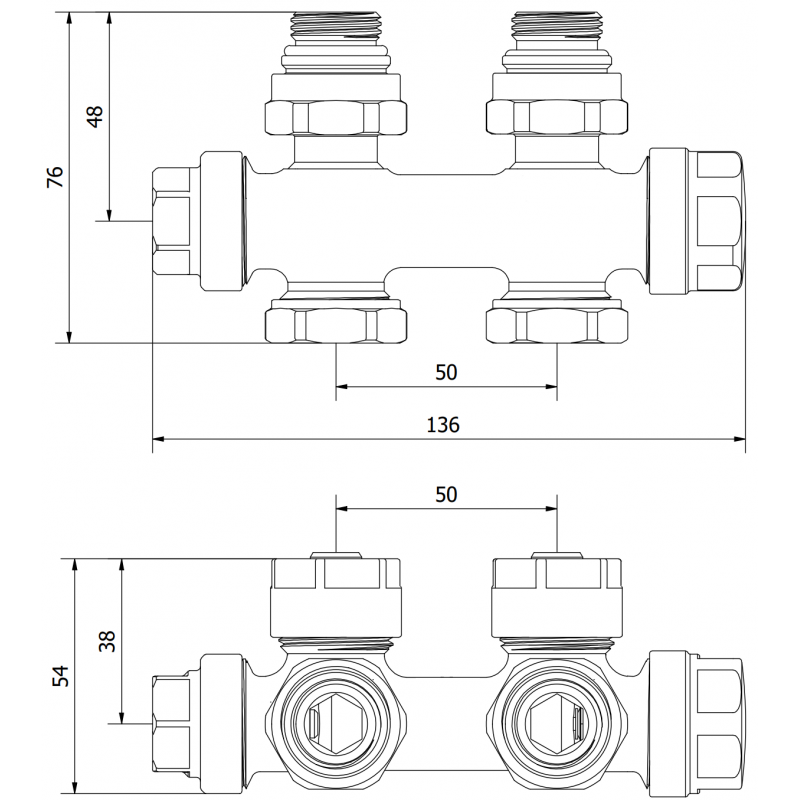 Mexen Uni-Term Heizkörperventil Eck-/Durchgangsform, Duplex, DN50, weiß - W908-000-20