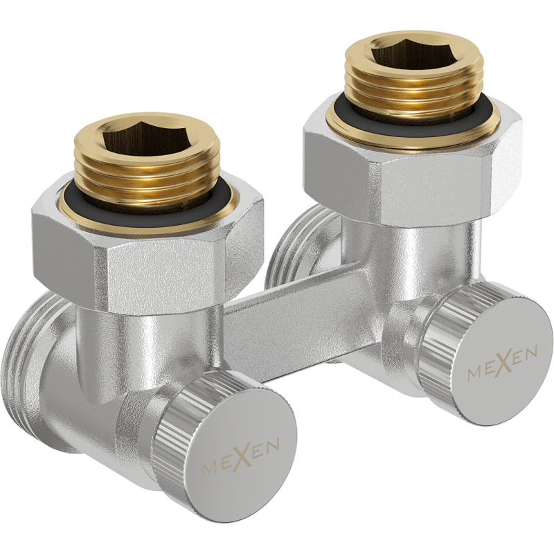 Mexen Uni-Term tvårörs radiatorkran DN50, vinkel 1/2"x3/4", nickel - W911-012-01