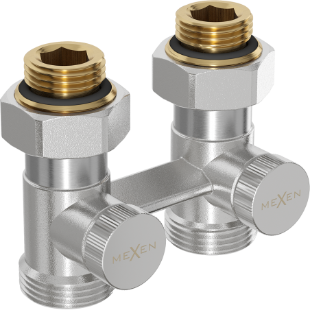 Mexen dubbele radiatorafsluiter DN50, recht 1/2"x3/4", nikkel - W912-012-01