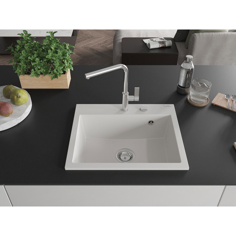 Mexen Oscar lavello in granito a 1 vasca 580 x 490 mm, bianco, sifone cromato - 6519581000-20