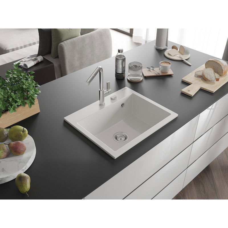 Mexen Oscar lavello in granito a 1 vasca 580 x 490 mm, bianco, sifone cromato - 6519581000-20