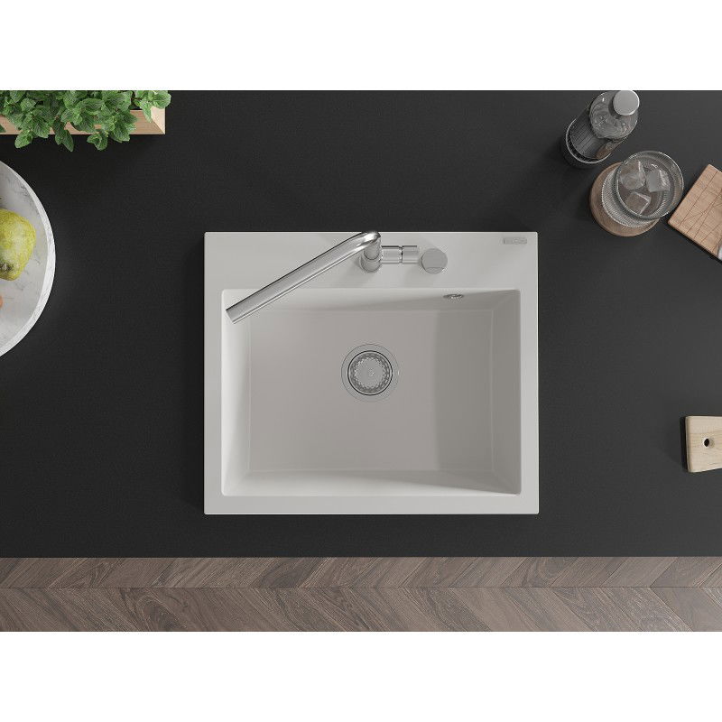 Mexen Oscar évier en granit 1 bac 580 x 490 mm, blanc, siphon chromé - 6519581000-20