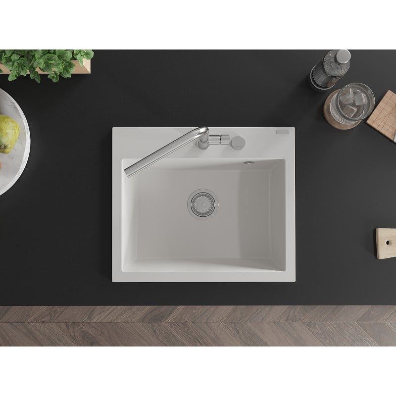 Mexen Oscar granite sink 1-bowl 580 x 490 mm, white, chrome siphon - 6519581000-20