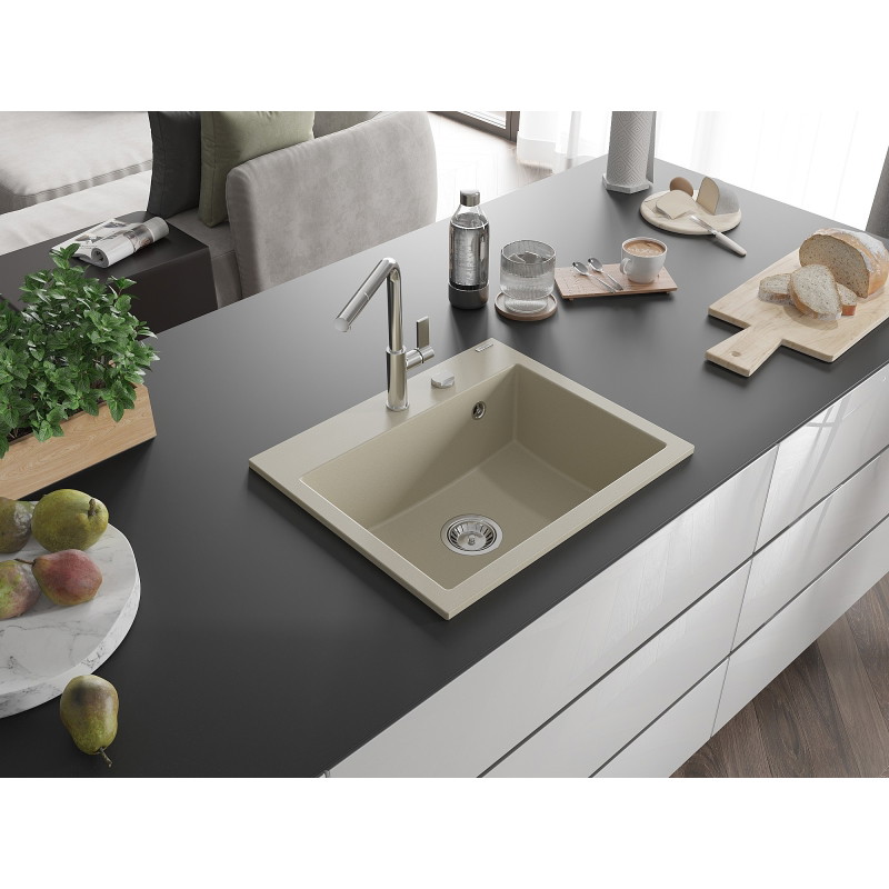 Mexen Oscar Granitspüle Einbauspüle 1-beckig 580 x 490 mm, beige, Siphon chrom - 6519581000-69