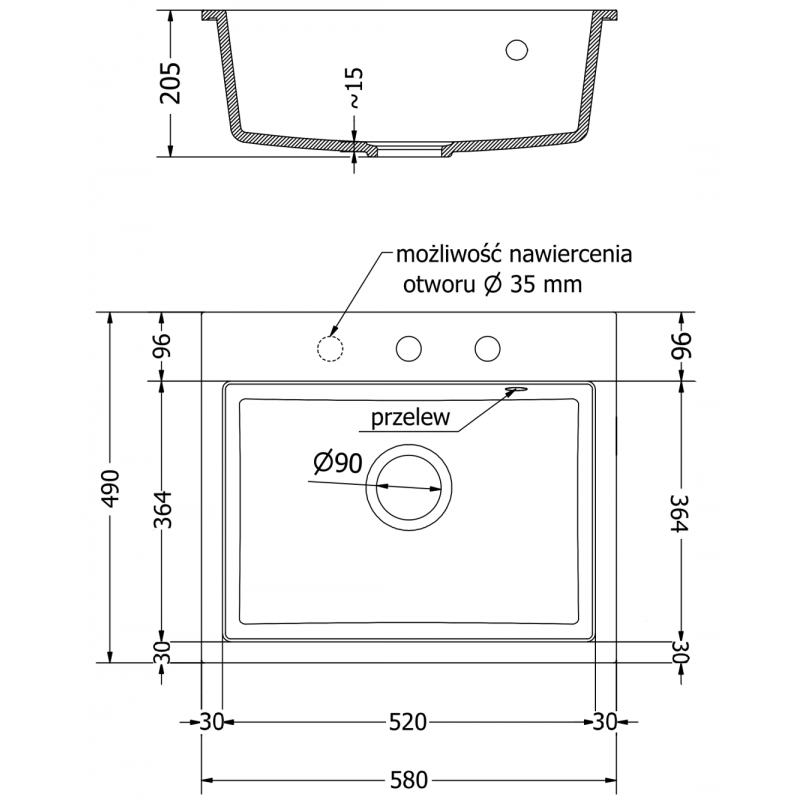 Mexen Oscar granieten gootsteen 1-komers 580 x 490 mm, grijs, chromen sifon - 6519581000-71