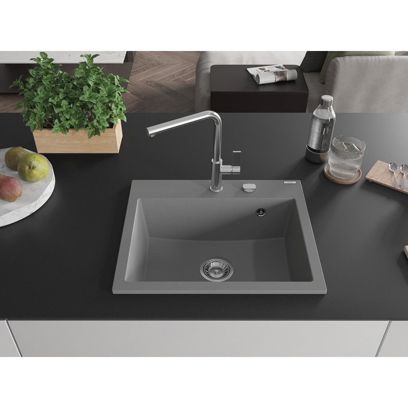 Mexen Oscar fregadero de granito de 1 cubeta 580 x 490 mm, gris, sifón cromado - 6519581000-71