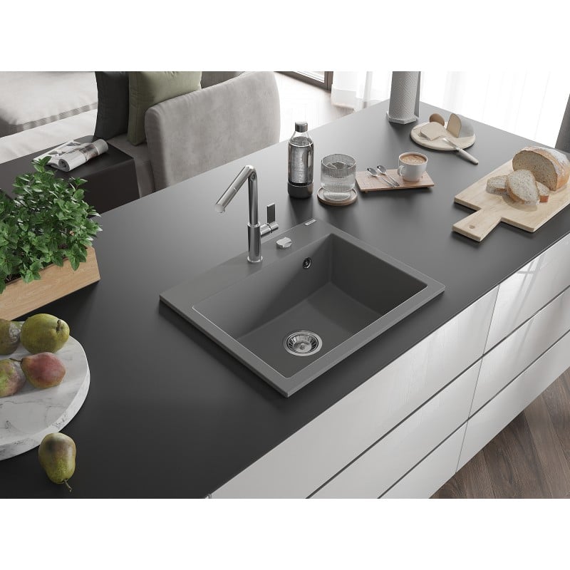 Mexen Oscar évier en granit 1 bac 580 x 490 mm, gris, siphon chrome - 6519581000-71