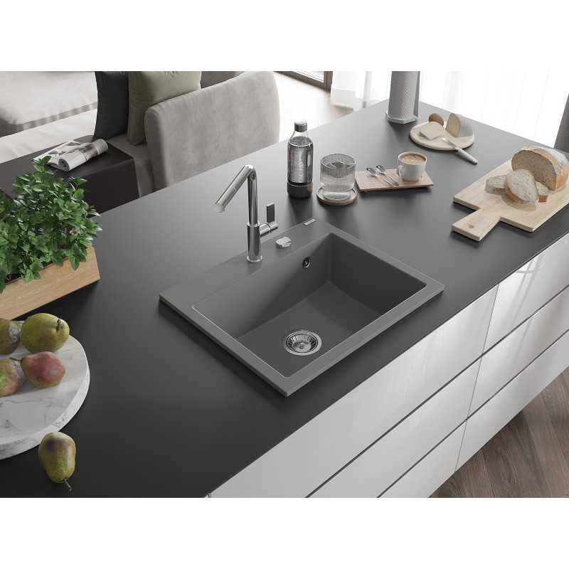 Mexen Oscar Évier en granit 1 bassin 580 x 490 mm, gris, siphon chromé - 6519581000-71