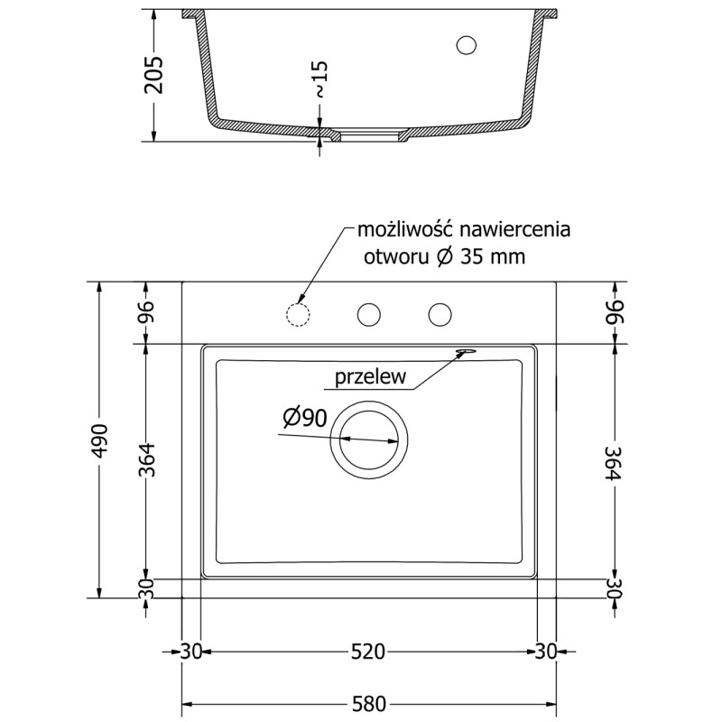 Mexen Oscar 1-Kammer-Granitatrog 580 x 490 mm, schwarz/silber metallic, chrom Siphon - 6519581000-73