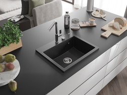 Mexen Oscar granitdiskbänk 1-fack 580 x 490 mm, svart/silver metallic, krom avlopp - 6519581000-73