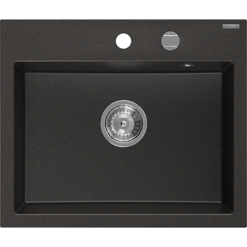Mexen Oscar fregadero de granito de 1 seno 580 x 490 mm, negro/dorado metálico, sifón cromo - 6519581000-75