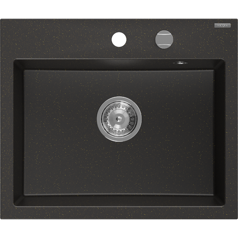 Mexen Oscar Granitspüle 1-Becken 580 x 490 mm, Schwarz/Gold Metallic, Chrom-Siphon - 6519581000-75