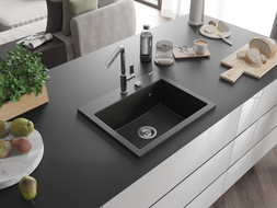 Mexen Oscar granitni sudoper s 1 komorom 580 x 490 mm, crni/zlatni metalik, kromirani sifon - 6519581000-75