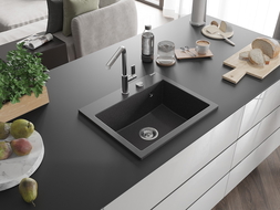Mexen Oscar Granit-Spüle 1-beckig 580 x 490 mm, schwarz gesprenkelt, Siphon Chrom - 6519581000-76