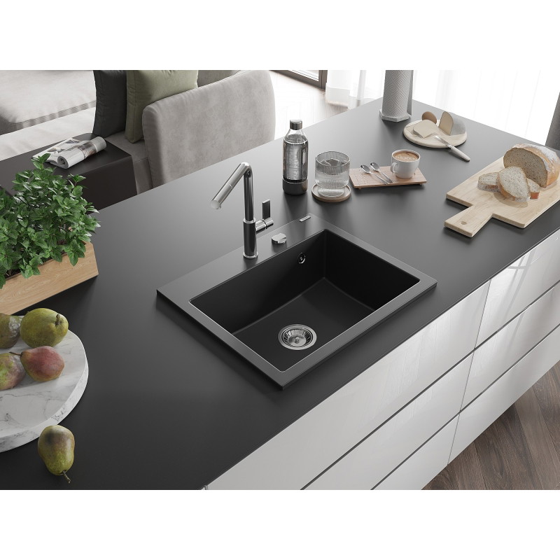 Mexen Oscar granieten gootsteen 1-komorig 580 x 490 mm, zwart, sifon chroom - 6519581000-77