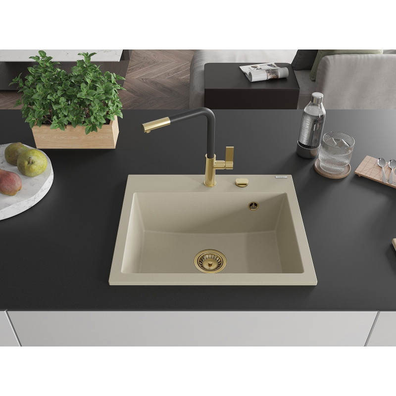 Mexen Oscar granitische spoelbak 1-komerig 580 x 490 mm, beige, gouden sifon - 6519581000-69-G