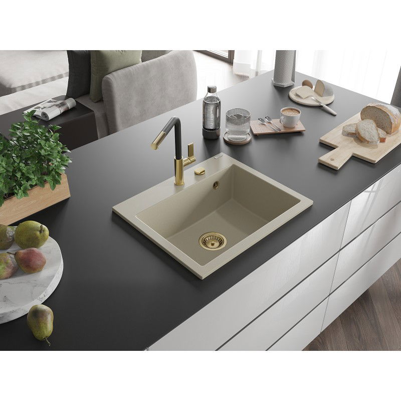 Mexen Oscar lavello da cucina in granito 1 vasca 580 x 490 mm, beige, sifone dorato - 6519581000-69-G