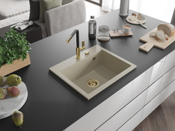 Mexen Oscar granieten spoelbak 1-kamer 580 x 490 mm, beige, gouden sifon - 6519581000-69-G