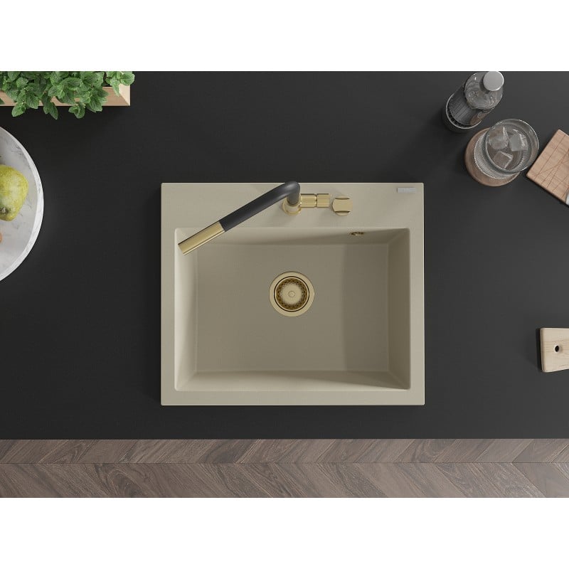 Mexen Oscar fregadero de granito de 1 cubeta 580 x 490 mm, beige, sifón dorado - 6519581000-69-G