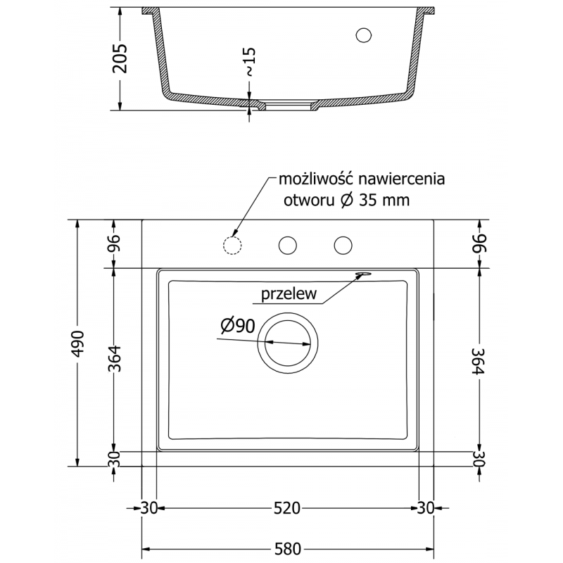 Mexen Oscar fregadero de granito de 1 cubeta 580 x 490 mm, gris, sifón dorado - 6519581000-71-G