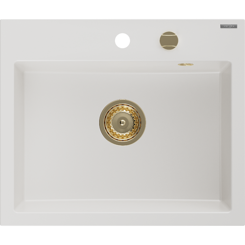 Mexen Oscar évier de cuisine en granit 1 bac 580 x 490 mm, blanc, siphon doré - 6519581000-20-G