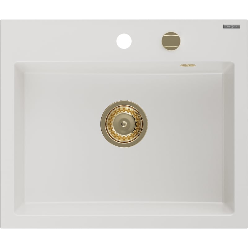 Mexen Oscar évier en granit 1 bac 580 x 490 mm, blanc, siphon doré - 6519581000-20-G