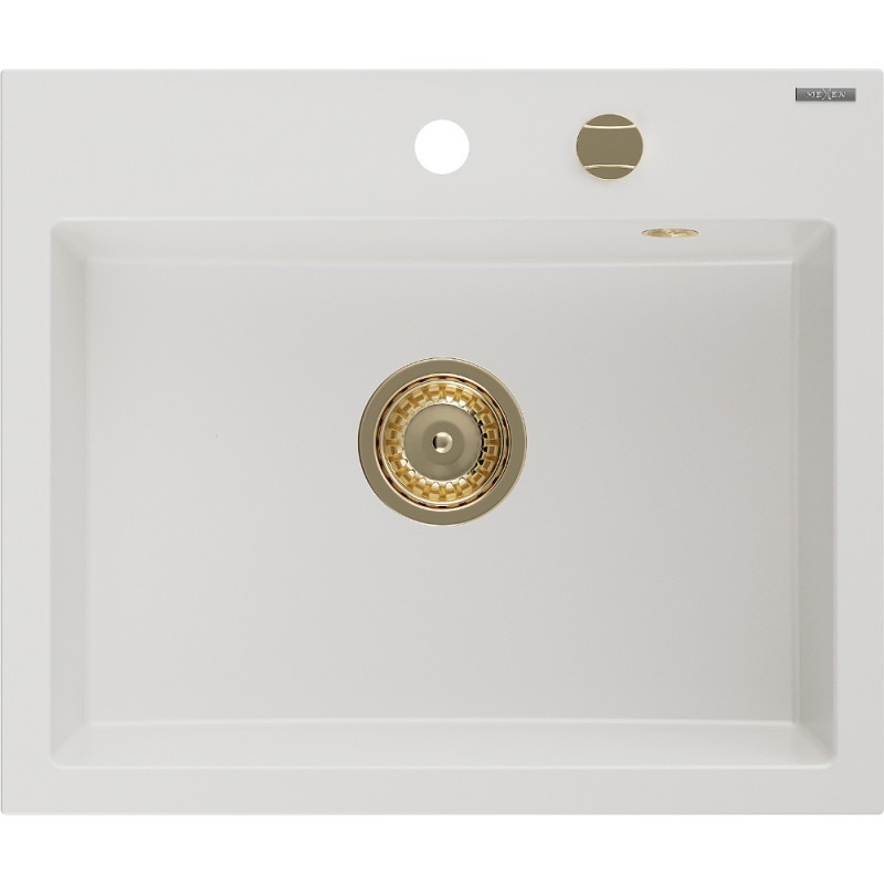 Mexen Oscar fregadero de granito de 1 seno 580 x 490 mm, blanco, sifón dorado - 6519581000-20-G