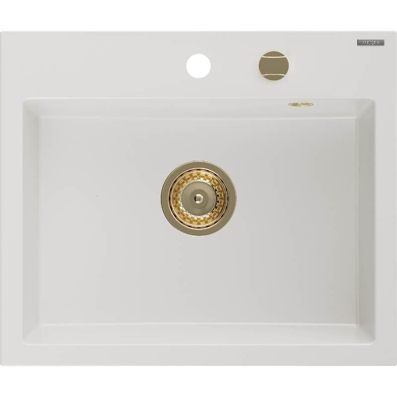 Mexen Oscar granīta izlietne ar vienu nodalījumu 580 x 490 mm, balta, zelta sifons - 6519581000-20-G