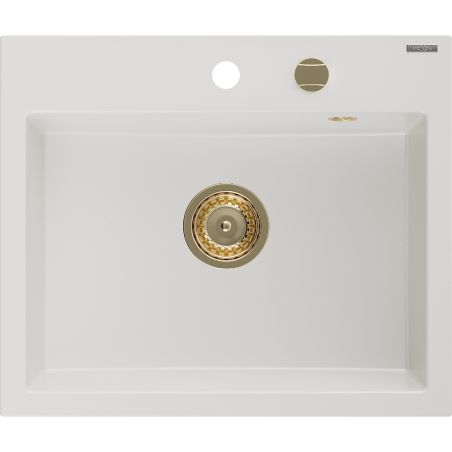 Mexen Oscar évier de cuisine en granit 1 bac 580 x 490 mm, blanc, siphon doré - 6519581000-20-G