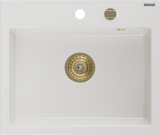 Mexen Oscar granīta izlietne ar vienu nodalījumu 580 x 490 mm, balta, zelta sifons - 6519581000-20-G