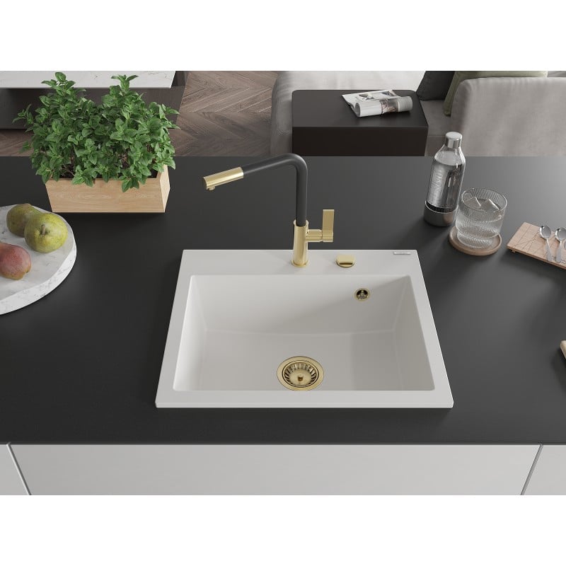Mexen Oscar évier de cuisine en granit 1 bac 580 x 490 mm, blanc, siphon doré - 6519581000-20-G