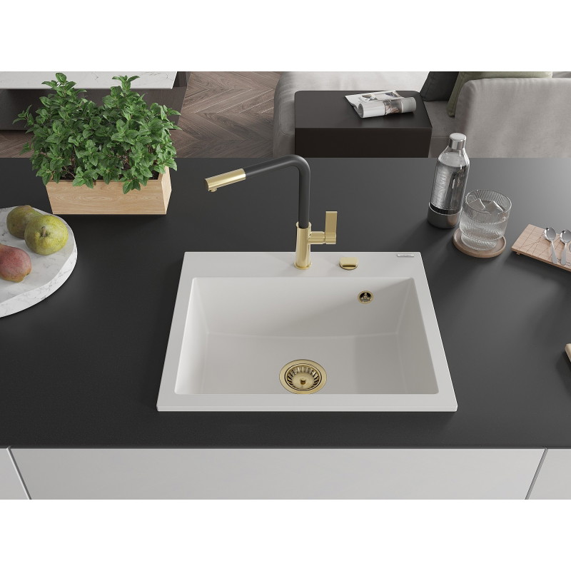 Mexen Oscar granieten gootsteen 1-komers 580 x 490 mm, wit, gouden sifon - 6519581000-20-G
