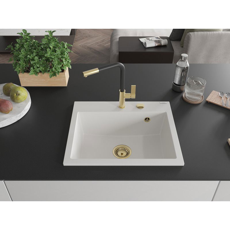 Mexen Oscar granīta izlietne ar vienu nodalījumu 580 x 490 mm, balta, zelta sifons - 6519581000-20-G