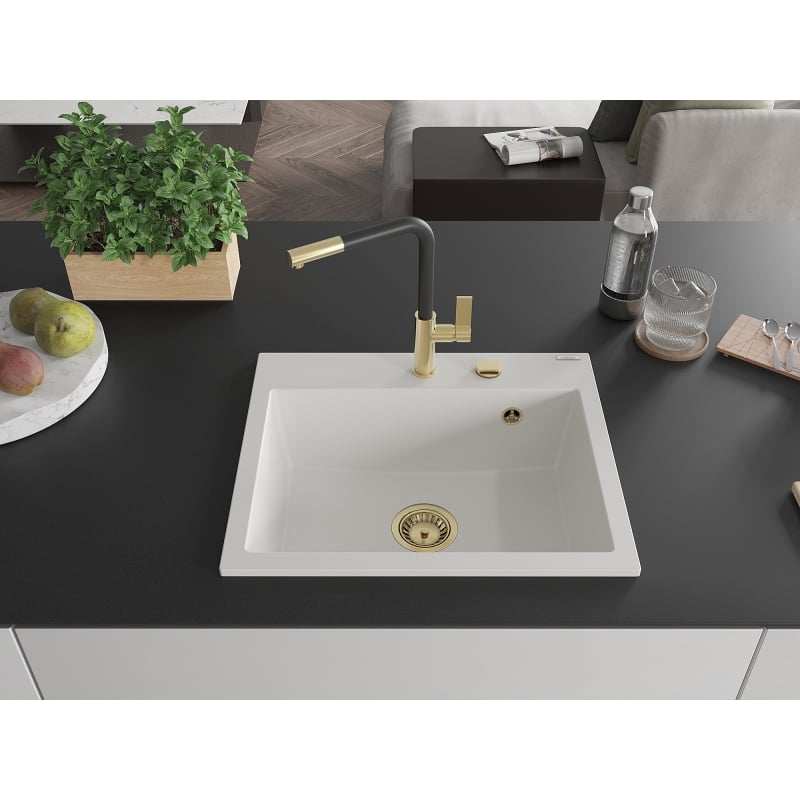Mexen Oscar granitni sudoper s jednom komorom 580 x 490 mm, bijeli, zlatni sifon - 6519581000-20-G