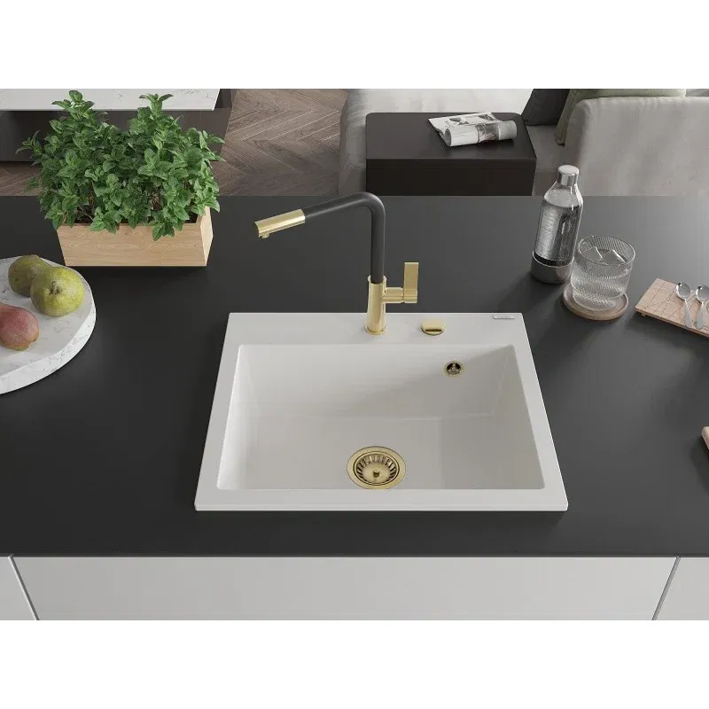 Mexen Oscar Granitspüle 1-becken 580 x 490 mm, weiß, goldener Siphon - 6519581000-20-G