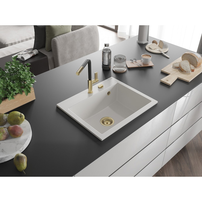 Mexen Oscar fregadero de granito de 1 seno 580 x 490 mm, blanco, sifón dorado - 6519581000-20-G