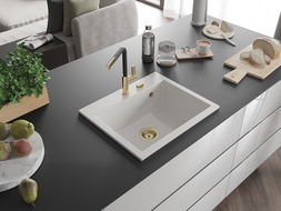 Mexen Oscar fregadero de granito de 1 cámara 580 x 490 mm, blanco, sifón dorado - 6519581000-20-G