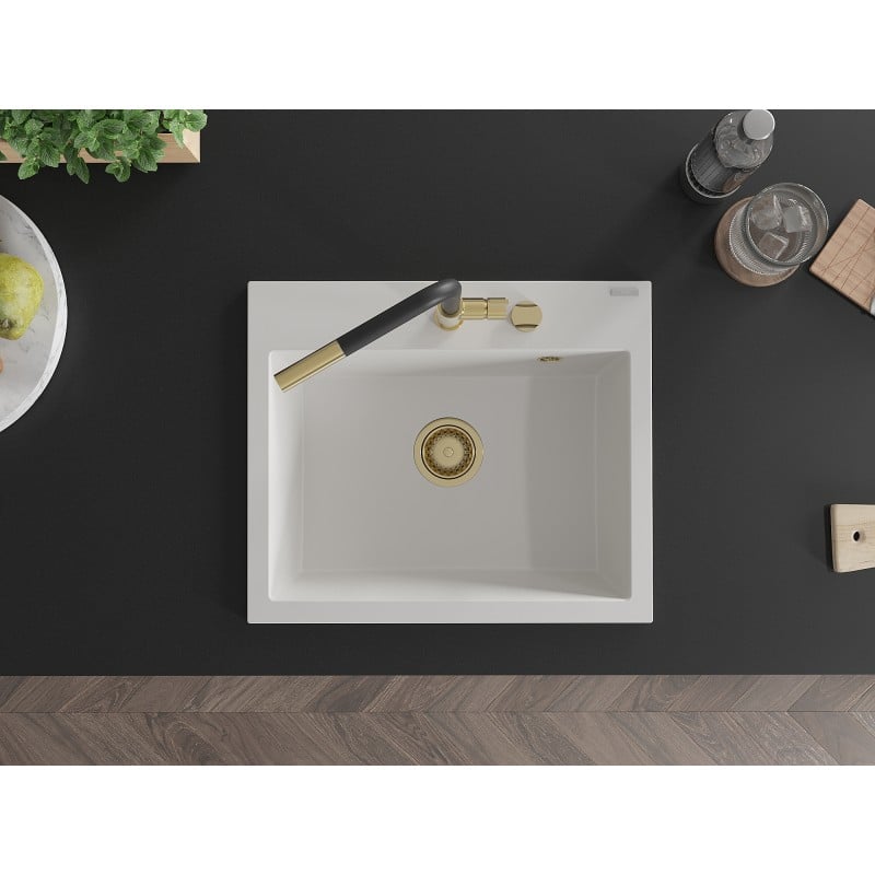 Mexen Oscar granit diskbänk med en ho 580 x 490 mm, vit, guld avlopp - 6519581000-20-G