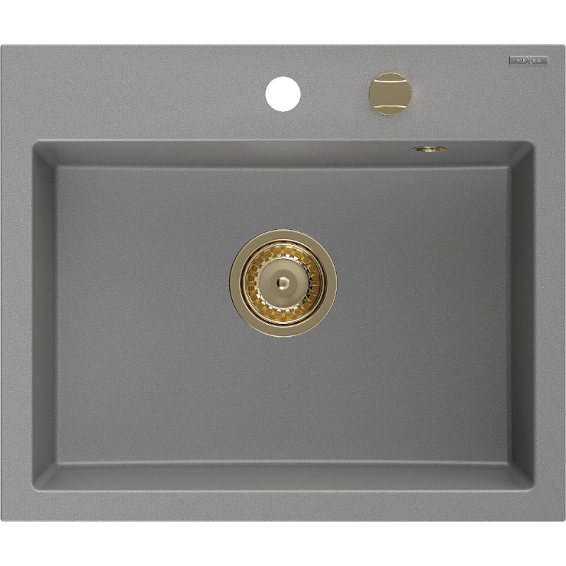 Mexen Oscar fregadero de granito de 1 cubeta 580 x 490 mm, gris, sifón dorado - 6519581000-71-G