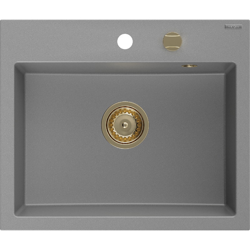 Mexen Oscar fregadero de granito de 1 seno 580 x 490 mm, gris, sifón dorado - 6519581000-71-G