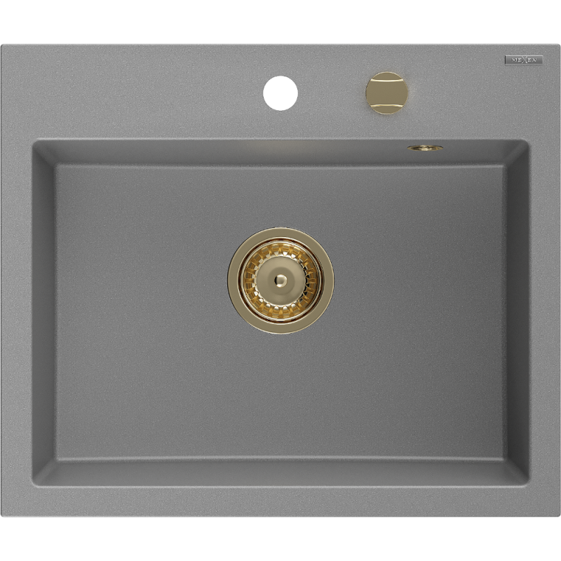 Mexen Oscar granieten spoelbak 1-bak 580 x 490 mm, grijs, gouden sifon - 6519581000-71-G