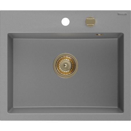 Mexen Oscar granieten spoelbak 1-bak 580 x 490 mm, grijs, gouden sifon - 6519581000-71-G